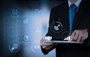 businessman success working computer touch screen with his team as concept